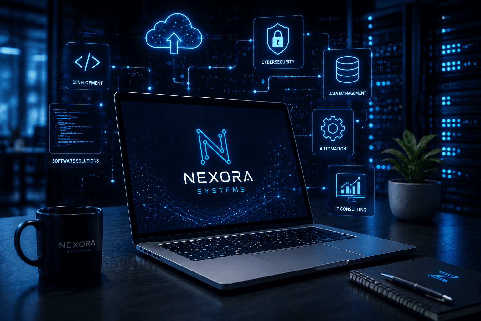Laptop showing an overview of Nexora's service areas: software development, cloud, cybersecurity, data management, automation and IT consulting